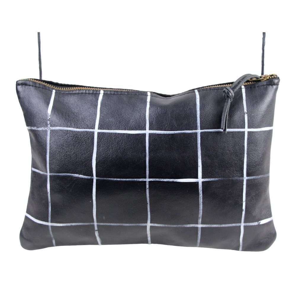 CHECK BLACK WHITE GENUINE LEATHER ZIP TOP SHOULDER BAG X-BODY HANDBAG PURSE